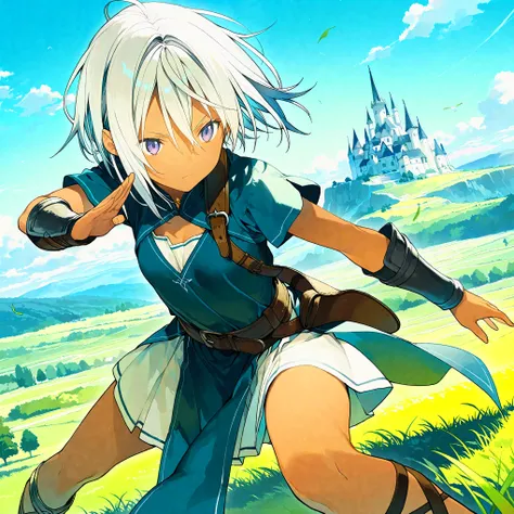 (masterpiece), (best quality), (ultra-detailed),(artist:akinashi_yuu),artist:fujiyama,artist:yuugen,1girl, beautiful detailed eyes, short hair, white hair, dark_skin, stance, outdoors, wind,fantasy,very aesthetic illustration