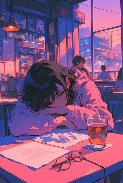 The image depicts a young person sitting at a table in a dimly lit café, rendered in a pastel pop art anime style that gently blends emotional depth with cozy, comforting tones. The individual is leaning forward, their head resting on their arm atop a soft...