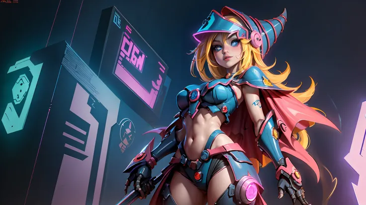 dark wizard gils.  mechanical body leech，Bits girl，cartoonish，version Q ，robotic arm，ray tracing，CG，neon light