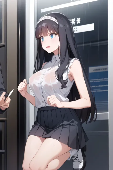 in full color CG I definitely need a face,long black hair，white hair band，，pleated mini skirtミニスカート，accurate hand and foot expressions，my nipples are sharp、、wet in the rain, It becomes transparent  ,draw a lovely woman smiling,dark blue pleated skirt,Pleas...
