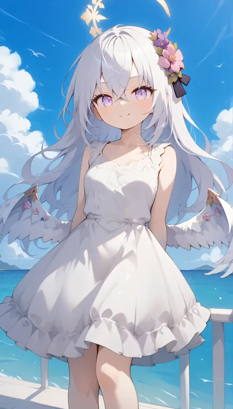Azusa (blue archive),purple eyes,white hair,long hair,Wings,hair flower,halo, Alone, showing eyebrows from inside the hair , hair between their eyes, viewers, masterpiece, highest quality, hud_s1lk_ngwn, sleeveless white dress, lace trim, breasts　Outdoors　...