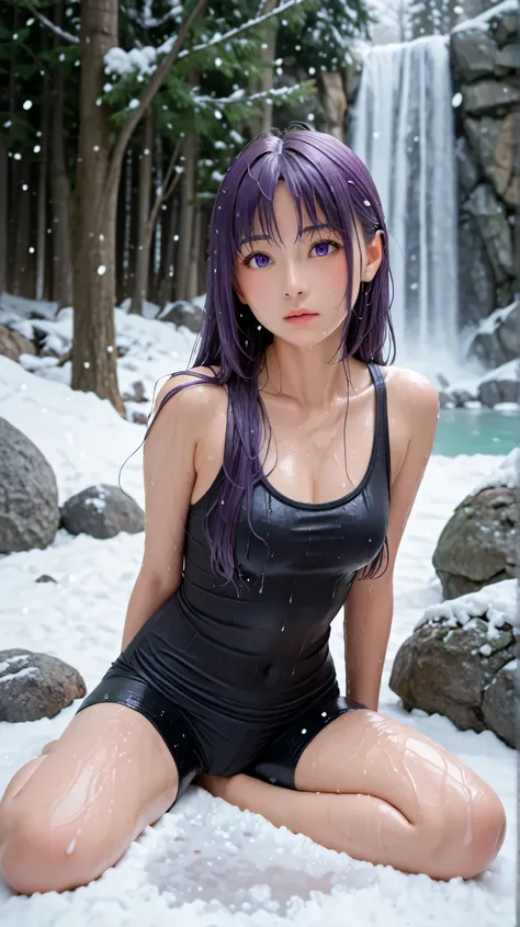 1girl, solo,kakei sumire,purple eyes,purple hair,long hair,outdoors,potrait,forest,black tanktop,tiny breast, navel,,snowfall,(winter background:1.4),sitting uder waterfall,(wet body:1.5), bike shorts