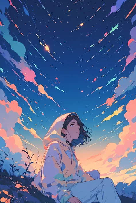 The image depicts a young person lying down, peacefully gazing up at a star-filled night sky, rendered in a soft pastel pop art anime style that adds a dreamy, cozy charm to the scene. The person wears a light-colored hoodie, now shaded in gentle hues of p...