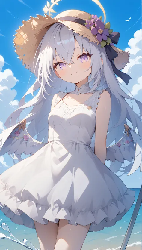 Azusa (blue archive),purple eyes,white hair,long hair,Wings,hair flower,halo, Alone, showing eyebrows from inside the hair , hair between their eyes, viewers, masterpiece, highest quality, hud_s1lk_ngwn, sleeveless white dress, lace trim, breasts　Outdoors　...