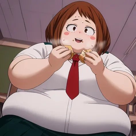 anime coloring, anime screencap, masterpiece
1girl, solo, chako uraraka, brown eyes, brown hair, short hair, blush, blush stickers, smiling, skirt, shirt, school uniform, white shirt, short sleeves, pleated skirt, necktie, collared shirt, red necktie, u.a....