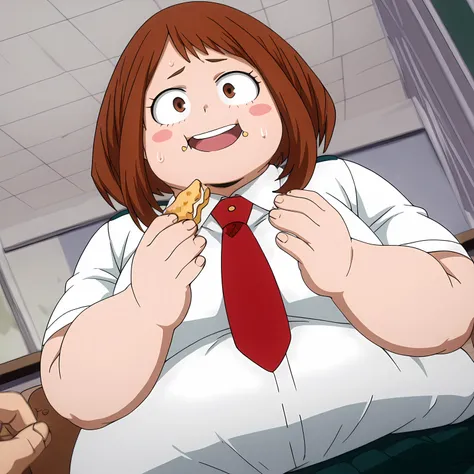 anime coloring, anime screencap, masterpiece
1girl, solo, chako uraraka, brown eyes, brown hair, short hair, blush, blush stickers, smiling, skirt, shirt, school uniform, white shirt, short sleeves, pleated skirt, necktie, collared shirt, red necktie, u.a....