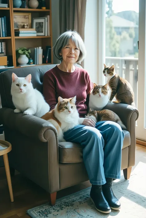 An elderly woman sits comfortably on a dark brown sofa, her attire consisting of a rich maroon sweater paired with blue pants. Her presence exudes warmth and serenity, surrounded by five cats of various breeds and colors. Two cats, with striking white fur,...