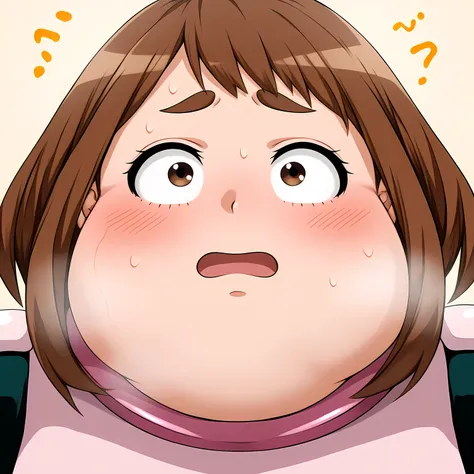  uraraka ochako, solo, 1girl, uravity outfit, belt, determined bulging belly, fat, chubby, obese, open mouth, out of breath, absurdres,confused, blush, {flustered}, nervous sweating, portrait, pov belly, averting eyes, [looking away], straight-on, from sid...