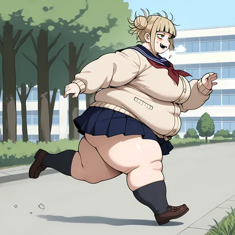  himiko toga,1girl,solo,double bun,blonde hair,hair bun,yellow eyes,messy hair, school uniform,bags under eyes,bangs,skirt,blunt bangs,smile,cardigan,blush,socks BREAK outdoors,open field,tall trees,school buildings, light breeze      fat, chubby, obese, g...