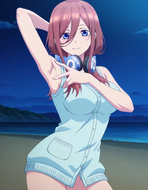 miku nakano, long hair, bangs, blue eyes, brown hair, hair between eyes, headphones, headphones around neck, mature female, breasts, anime screencap, shirt, sleeveless, white shirt, cardigan,  blue cardigan, anime screencap, high quality, solo, cowboy shot...
