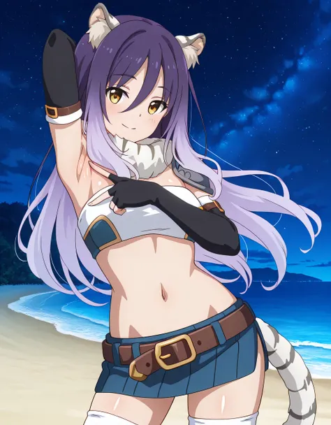 shiori, game screencap, long hair, hair between eyes, multicolored hair, purple hair, light purple hair, yellow eyes, tiger ears, tiger tail, scarf, tube top, single shoulder pad, fur trim, midriff, elbow gloves, fingerless gloves, brown belt, blue skirt, ...