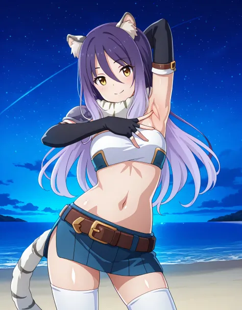 shiori, game screencap, long hair, hair between eyes, multicolored hair, purple hair, light purple hair, yellow eyes, tiger ears, tiger tail, scarf, tube top, single shoulder pad, fur trim, midriff, elbow gloves, fingerless gloves, brown belt, blue skirt, ...