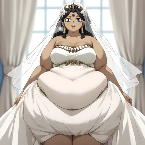 masterpiece,best quality,{{detailed beautiful face and eyes}}, very detailed background,
Ishizu Ishtar,dark skin,long hair,black hair,egyptian,parted bangs,blue eyes,medium breasts,
hairstyle: (wedding bun:1.2)
Outfit: (wedding dress,intricate dress, ball ...