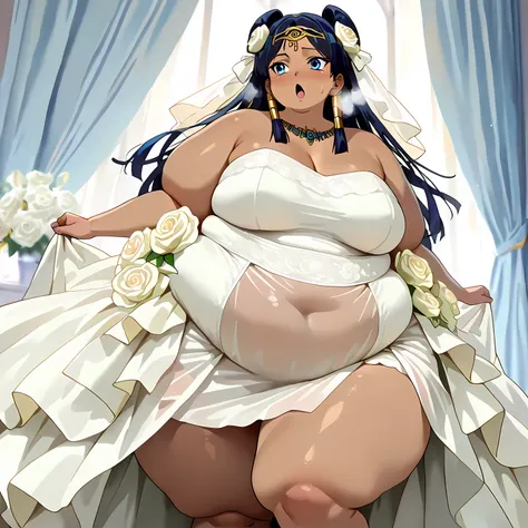 masterpiece,best quality,{{detailed beautiful face and eyes}}, very detailed background,
Ishizu Ishtar,dark skin,long hair,black hair,egyptian,parted bangs,blue eyes,medium breasts,
hairstyle: (wedding bun:1.2)
Outfit: (wedding dress,intricate dress, ball ...