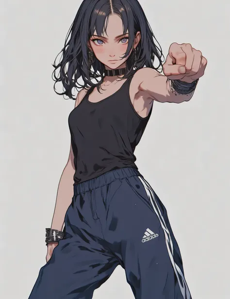 general plan, Full body view, 1 beautiful young girl punches the air break/, accessory: chain, earring, bracelet. break/, clothing: she is wearing navy blue addidas jogging pants and black tank top, she is wearing white socks. break Feature: the young girl...