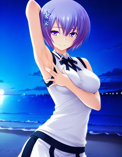 shiina miyako, purple hair, short hair, purple eyes, hair ornament, medium breast, short sleeves, white sweater vest, white shirt, white skirt, neck ribbon, black ribbon, game screencap, high quality, solo, night sky, beach, hand behind head, spread armpit...