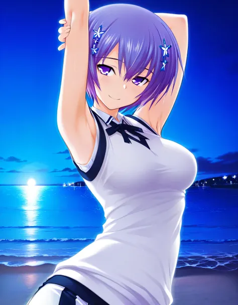 shiina miyako, purple hair, short hair, purple eyes, hair ornament, medium breast, short sleeves, white sweater vest, white shirt, white skirt, neck ribbon, black ribbon, game screencap, high quality, solo, night sky, beach, hand behind head, spread armpit...