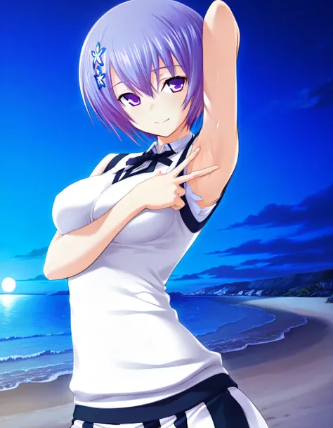 shiina miyako, purple hair, short hair, purple eyes, hair ornament, medium breast, short sleeves, white sweater vest, white shirt, white skirt, neck ribbon, black ribbon, game screencap, high quality, solo, night sky, beach, hand behind head, spread armpit...