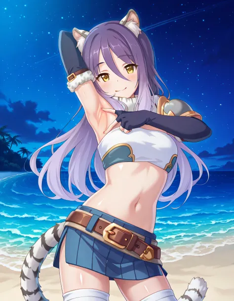 shiori, game screencap, long hair, hair between eyes, multicolored hair, purple hair, light purple hair, yellow eyes, tiger ears, tiger tail, scarf, tube top, single shoulder pad, fur trim, midriff, elbow gloves, fingerless gloves, brown belt, blue skirt, ...
