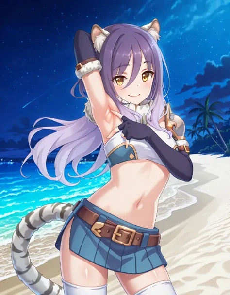 shiori, game screencap, long hair, hair between eyes, multicolored hair, purple hair, light purple hair, yellow eyes, tiger ears, tiger tail, scarf, tube top, single shoulder pad, fur trim, midriff, elbow gloves, fingerless gloves, brown belt, blue skirt, ...