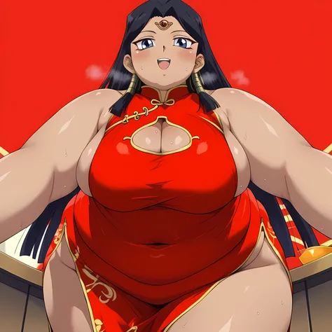 masterpiece,best quality,{{detailed beautiful face and eyes}}, very detailed background,
Ishizu Ishtar,dark skin,long hair,black hair,egyptian,parted bangs,blue eyes,medium breasts,
((bare shoulders,red china dress,red chinese clothes,red short dress,cleav...