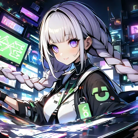 1 Kakure Hime、(((with the best details、Highest Quality、Supreme Masterpiece、Super Detailed、high definition、HHD、16k、CG)))、((( purple and white gradation hair color )))、(((Long braids)))、beautiful hidden star laptop that surrounds her is wrapped in fantastic ...