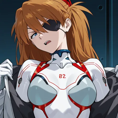 asuka langley, eyepatch, close up,removing jacket, white eva suit, head tilt, open mouth like talking, annoyed face, a bit angry, best quality, masterpiece, expressive lines