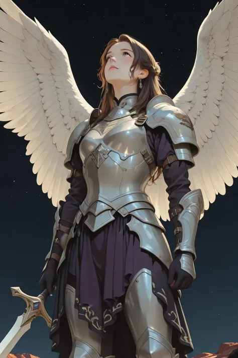 A warrior standing on a cliff and looking up at the sky