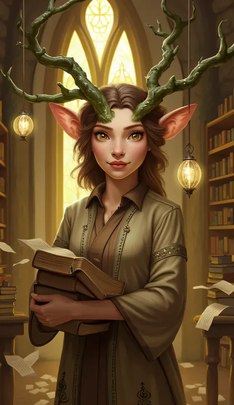 Firbolg, furry, big nose, big nose, animal ears, 1female, beige skin, brown hair, brown eyes, almond-shaped eyes, Asian facial features, librarian, cozy library, delicate antler-like horns, soft mossy hair, subtle green highlights, smooth skin with hints o...