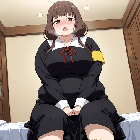 score_9, score_8_up, score_7_up, source_anime,
mikoiino, 
miko iino, blunt bangs, brown eyes, brown hair, hair tie, long hair, low twintails, red ribbon, ribbon, twintails,
long sleeves, dress, ribbon, school uniform, collarbone, black dress, sailor collar...