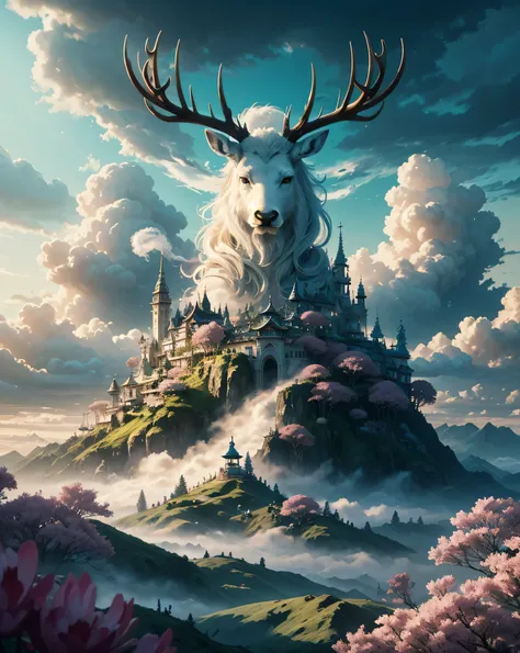 A sacred white forest spirit with deer-like antlers and a mysterious face, inspired by Japanese mythology, emerging from a fantastical golden city hidden in the clouds, surrounded by blooming flowers, swirling smoke, and floating architecture. The backgrou...