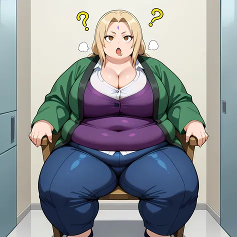 score_9,score_8_up, score_7_up, source_anime, rating_questionable, 1girl, solo, sl0uch1ng, tsunade, sitting ,chair, empty_eyes, blank_stare, empty_stare, drool, hypnosis,  fat, chubby, obese, gigantic arms and legs, large breasts open mouth, out of breath
