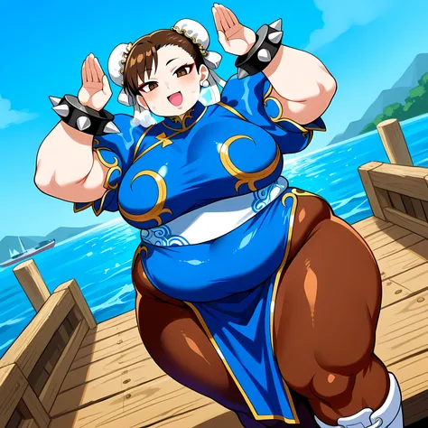 score_9, score_8_up, score_7_up, source_anime, chun li, brown eyes, brown hair, bun cover, double bun, eyeliner, hair bun, lipstick, makeup, pink lips, large breasts,, blue dress, boots, bracelet, brown pantyhose, china dress, chinese clothes, cross-laced ...
