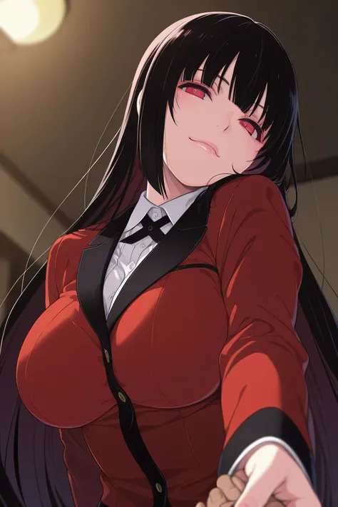jabami yumeko ,1girl, head tilt, confident, holding viewer's hand, viewer's perspective, viewer is a guy's hand, slightly large breast, masterpiece, best quality