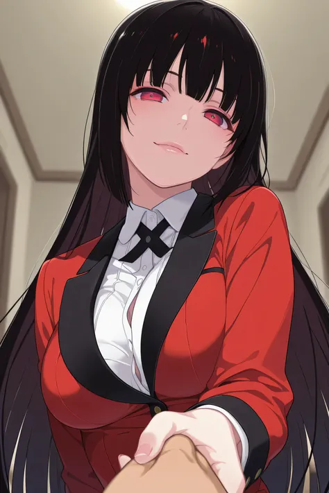 jabami yumeko ,1girl, head tilt, confident, holding viewer's hand, viewer's perspective, viewer is a guy's hand, slightly large breast, masterpiece, best quality