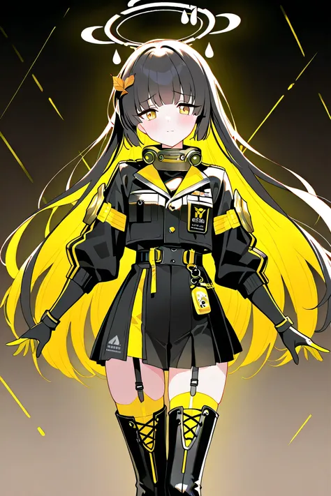 Anime, Girl, (((1girl))), (((Waifu, Blue Archive Waifu, Miyu Waifu))), (((Straight Balck Hair, Long Hair, Inner Golden Color))), ((Golden Yellow Eyes, Detailed Eyes, Symmetrical Eyes)), (Detailed Body, Detailed Face), Slim Face, Idol Pose, [(((Gold and Whi...
