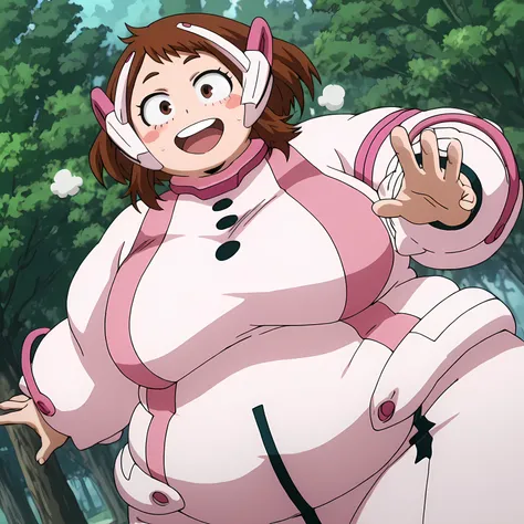 anime coloring, anime screencap, masterpiece
outdoors, tree,
1girl, solo, chako uraraka,uraraka's uravity outfit, brown eyes, brown hair, short hair, blush, blush stickers, smiling, 
looking at viewer, cowboy shot, dutch angle, jumping,, fat, chubby, obese...
