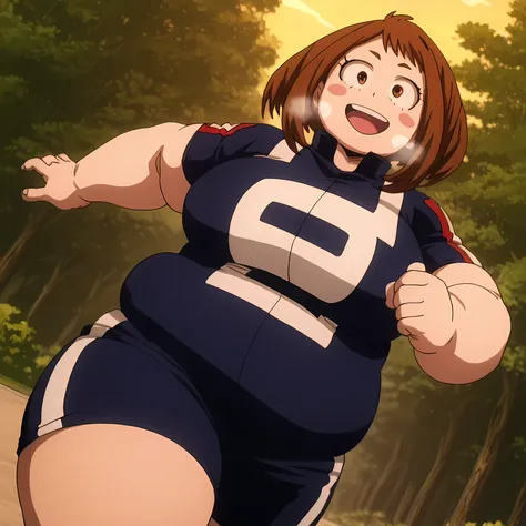 anime coloring, anime screencap, masterpiece
outdoors, tree,
1girl, solo, chako uraraka, athlete uniform, brown eyes, brown hair, short hair, blush, blush stickers, smiling, 
looking at viewer, cowboy shot, dutch angle, running,, fat, chubby, obese, gigant...