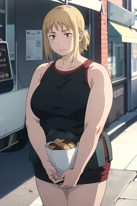 (( best quality)), (( high definition)), masterpiece,  absurd,  detailed face ,  Facial beauty, ( detail eyes, Deep Eyes), ( 1 girl), (( dynamic pose)) madder,  1 girl, Alone, red eyes,  blonde hair , Food,  short hair on the side of the uniform, Foodie, r...
