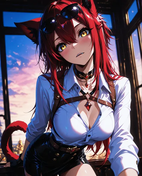 1 girl , golden eyes , very long hair , long sidelocks, red hair ,half updo, petite , very cute , beautiful ,Straight hair, cool, handsome, hair between eyes, sexy, medium breasts , brown fingerless gloves, cleavage, gem, leaning forward, looking at viewer...