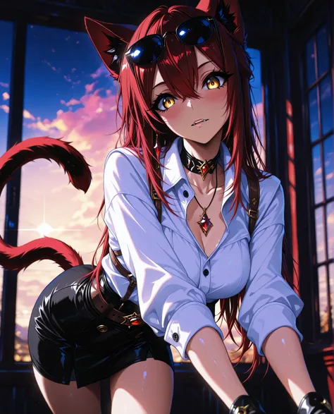 1 girl , golden eyes , very long hair , long sidelocks, red hair ,half updo, petite , very cute , beautiful ,Straight hair, cool, handsome, hair between eyes, sexy, medium breasts , brown fingerless gloves, cleavage, gem, leaning forward, looking at viewer...