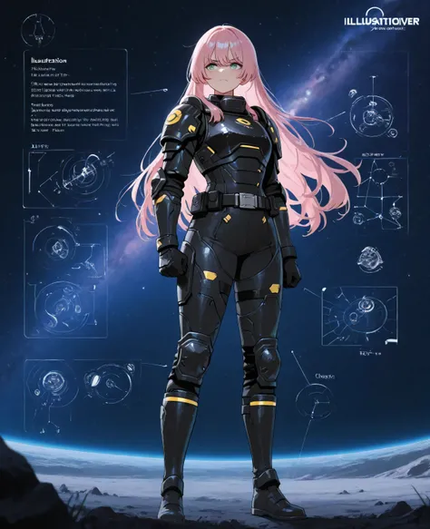 one girl,Mygo,chihaya_anon, long hair,pink hair, best quality, Amazing quality , Very aesthetic, high resolution, super details, soft,  color, absurd, Latest Stunning, Fine face , Beautiful Face,Angry emoticon, helldiver armor,  black armor with yellow acc...