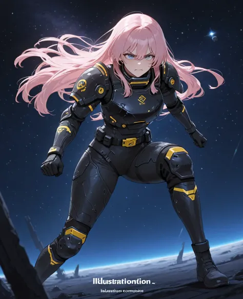 one girl,Mygo,chihaya_anon, long hair,pink hair, best quality, Amazing quality , Very aesthetic, high resolution, super details, soft,  color, absurd, Latest Stunning, Fine face , Beautiful Face,Angry emoticon, helldiver armor,  black armor with yellow acc...