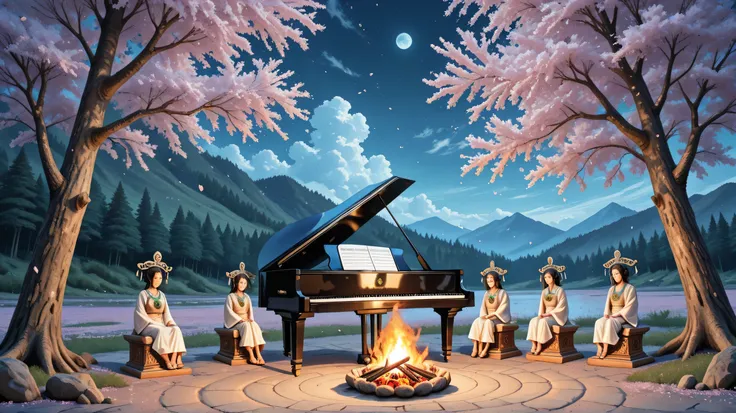 Makoto Shinkai style, A fantastical scene set in ancient Japan during the Jomon period, around 2000 years ago. In a lush, green forest clearing, Jomon people gather for a primitive festival, wearing simple garments made from natural fibers and adorned with...