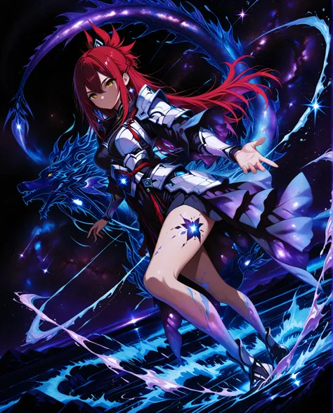 A fierce young maiden fused with the legendary Yamata no Orochi, standing over a raging ocean. Eight serpentine water streams swirl around her, each glowing with energy. She commands the waves, water columns rise like dragons into the sky. Her hair flows l...