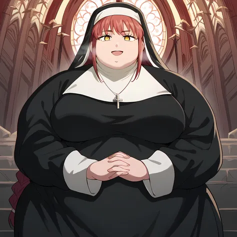 score_9, score_8_up, score_7_up, source_anime, makima, long hair, smile, bangs, yellow eyes, braid, red hair, braided ponytail, ringed eyes, medium breasts,, traditional nun, nun, habit, long sleeves, dress, black dress, jewelry, black veil, cross, cross...