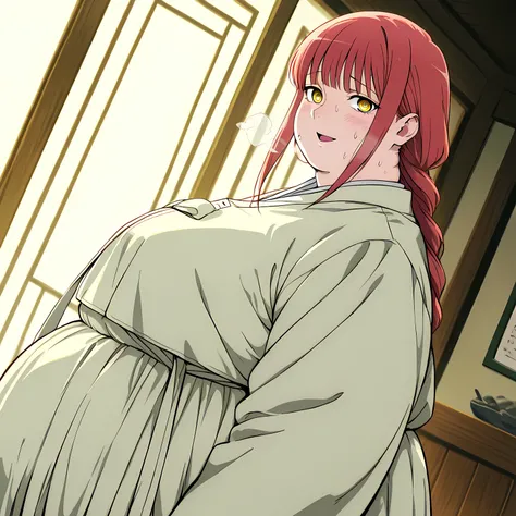score_9, score_8_up, score_7_up, source_anime, makima, makima, long hair, smile, bangs, yellow eyes, braid, red hair, braided ponytail, ringed eyes,, hanbok, korean clothes,, indoors, smile, blush,, cowboy shot, dutch angle, looking at viewer, bulging bell...