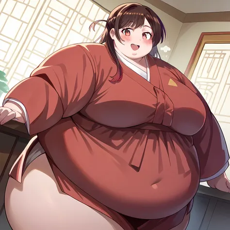 score_9, score_8_up, score_7_up, source_anime, chizuruichinose,  chizuru ichinose,,  hanbok, korean clothes,, indoors, smile, blush,, cowboy shot, dutch angle, looking at viewer, fat, chubby, obese, gigantic arms and legs, large breasts open mouth, out of ...