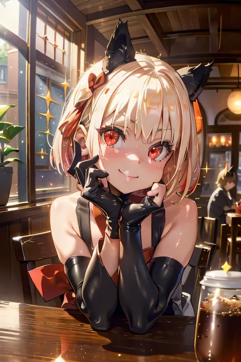 (portrait),(close up face:1.4), (Fisheye lens:1.4),　(upper body:1.2),
(leaning forward:1.5),  (head tilt), (paw pose:1.5),
seductive grin smug, embarrassed, drunken eyes, blush,
nishikigi chisato, red ribbon,  (betterhand, perfect anatomy, five fingers),
(...