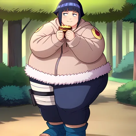 score_9, score_8_up,source_anime,
 hort hair, dark blue hair, 1girl, blunt bangs, shiny hair, hoodie, solo, hood down, long sleeves, looking to the side,shy, blush, fur trim, capri pants, standing, smile, closed mouth,standing, cowboy shot, bandages, thigh...